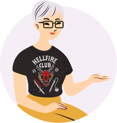 Portrait of StÃ©phanie wearing a Hellfire Club t-shirt, a reference to the Stranger Things series.